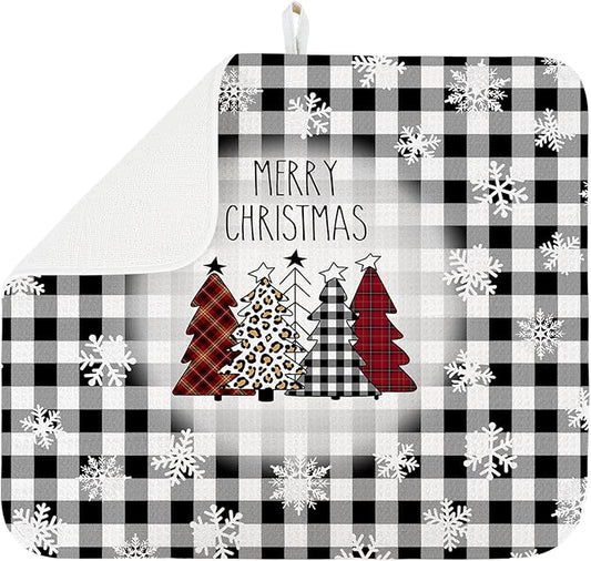 Dish Drying Mat for Kitchen Counter Large 18" x 24" Buffalo Plaid Christmas Tree Absorbent Microfiber Dishes Drainer Rack Mats Pad Reusable Washable