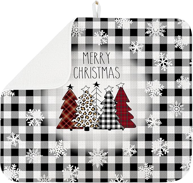 Dish Drying Mat for Kitchen Counter Large 16" x 18" Buffalo Plaid Christmas Tree Absorbent Microfiber Dishes Drainer Rack Mats Pad Reusable Washable