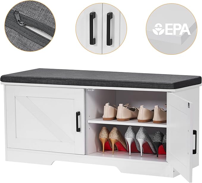 2-Tier Storage Bench, Shoe Bench with Padded Seat Cushion, Entryway Bench with 2 Barn Doors, Adjustable Shelf, 13.8" D x 39.4" W x 17.7" H, for Entryway, Living Room, Bedroom, White-NeatNest