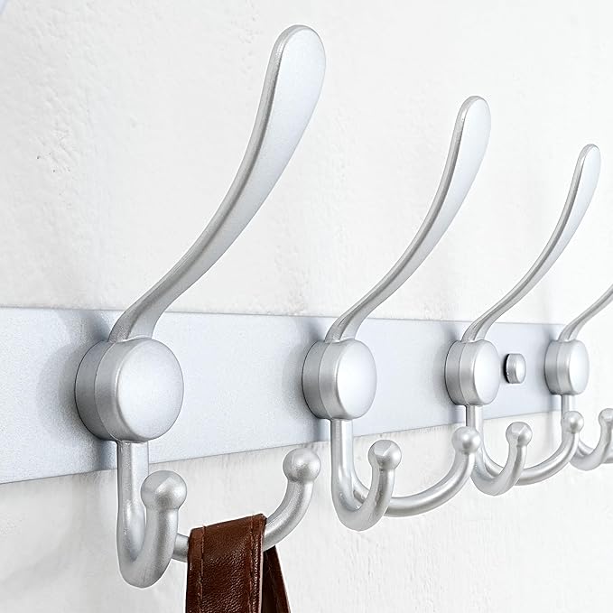 Dseap Coat Rack Wall Mounted - 5 Tri Hooks, Heavy Duty, Stainless Steel, Metal Coat Hook Rail for Coat Hat Towel Purse Robes Mudroom Bathroom Entryway (Silver, Pack of 2)-NeatNest
