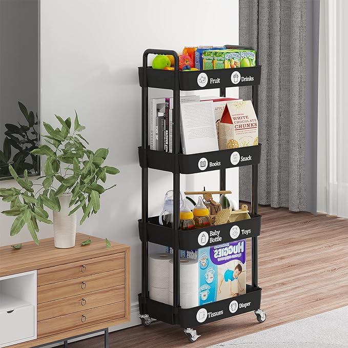 Laiensia 4-Tier Rolling Cart with Wheels,Multifunction Utility Storage carts, Kitchen Storage Organizer,Mobile Shelving Unit for Bathroom,Laundry,with Classified Stickers,Black-NeatNest