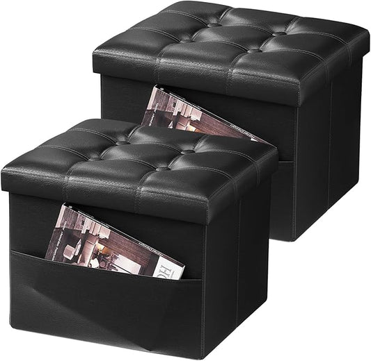 AmasSmile 2PC Storage Ottoman Folding Foot Rest Stool with Side Pocket, 16 inch Leather Footstool Bench, Short Ottoman Bench, Storage Foot Rest Store, Books, Black-NeatNest