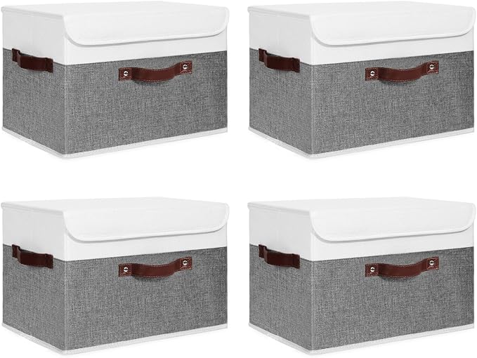 ANMINY 4PCS Storage Boxes with Lid Washable Decorative Storage Bins Basket with PU Leather Handle Foldable Linen Fabric Storage Cubes Containers for Home Closet Organizer - Gray White, Large Size-NeatNest