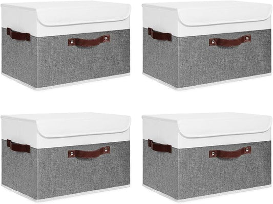 ANMINY 4PCS Storage Boxes with Lid Washable Decorative Storage Bins Basket with PU Leather Handle Foldable Linen Fabric Storage Cubes Containers for Home Closet Organizer - Gray White, Large Size-NeatNest