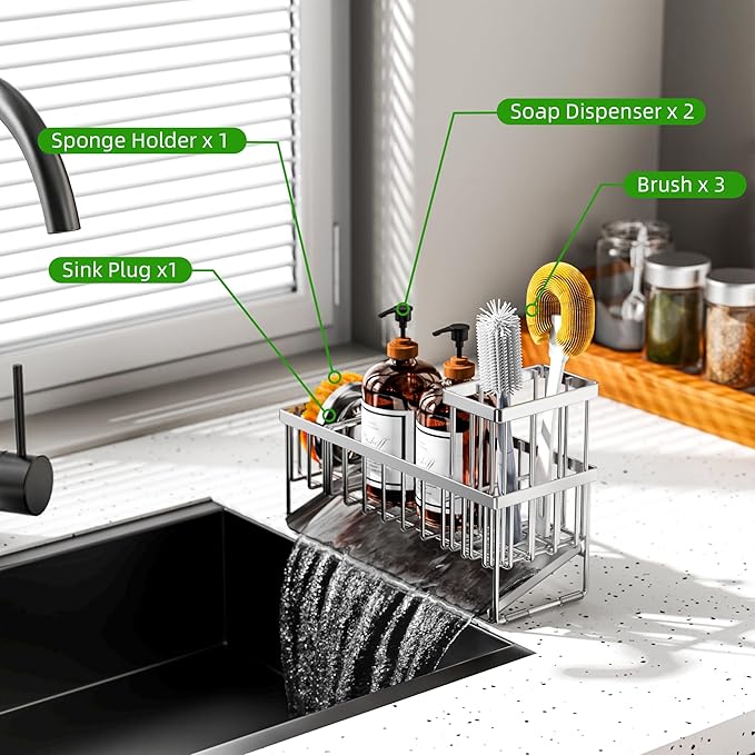 Cisily Extra Large Silver Kitchen Sink Caddy Organzier with High Brush Holder, Sponge Holder for Sink, 304 Rustproof Stainless, Kitchen Countertop Soap Dispenser Organizer For Decor and Accessories-NeatNest