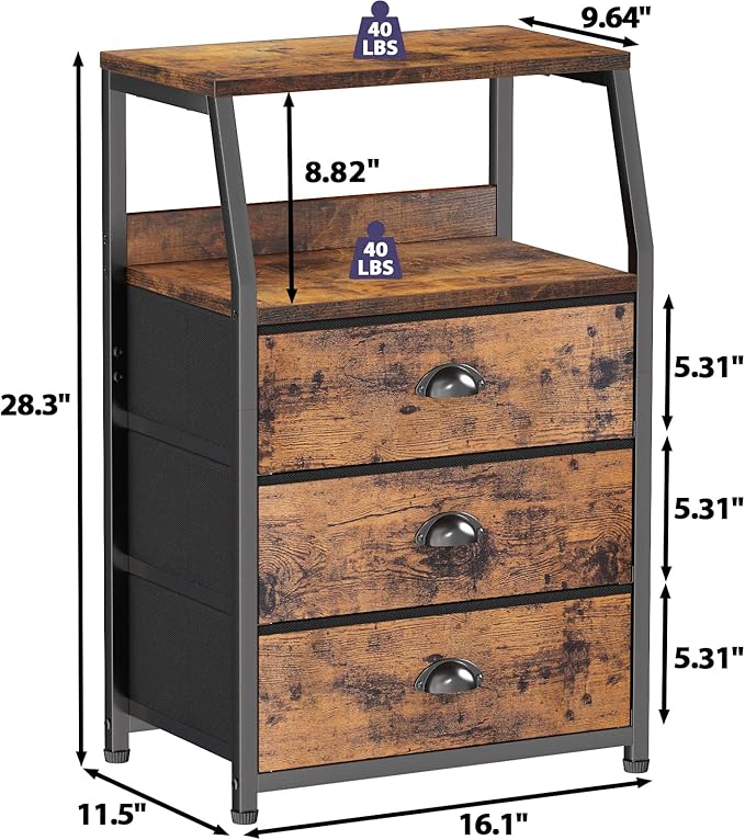 Furnulem Nightstand with 3 Drawers and 2-Tier Shelf, Fabric Small Dresser Organizer Vertical Storage Tower for Bedroom, Closet, Hallway, Nursery, End Table Side Furniture, Sturdy Steel Frame, Wood Top-NeatNest