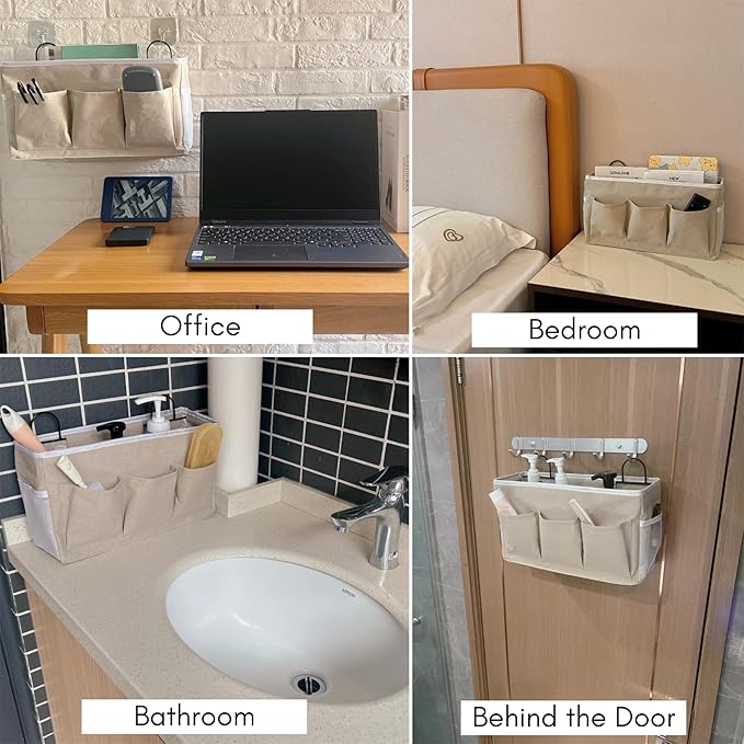 2pcs Light-Style Wall Hanging Storage Bag, Linen Fabric Door Hanging Organizer Baskets with Pockets, Waterproof Bin for Bedroom, Kitchen, Office, RV Camper (LightKaki-2pcs)-NeatNest