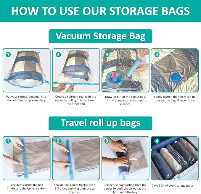 16 Pack Vacuum Storage Bags, Space Saver Bags (2Jumbo/2Large/3Medium/3Small/6Roll) Compression Storage Bags for Comforters and Blankets, Vacuum Sealer Bags for Clothes Storage, Hand Pump Included-NeatNest