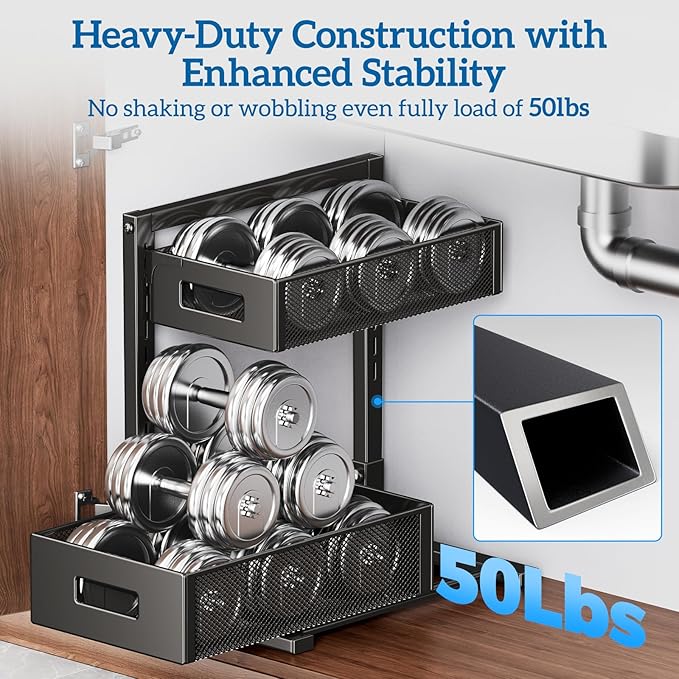 2 Tier Under Sink Organizer, Pull Out Cabinet Organizer, Slide Out Metal Kitchen Organizers Drawer Shelf, Sliding Storage Shelves for Kitchen Bathroom Pantry Cabinet Closet Organization Rack-NeatNest