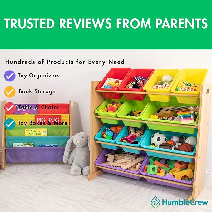 Humble Crew 4-Tier Kids Bookshelf, Natural Wood/Rainbow - Premium Book Shelf for Kids Rooms with Four Deep Pockets - Toddler Sling Book Rack with Deep Sleeves, Nursery Bookcase Organizer