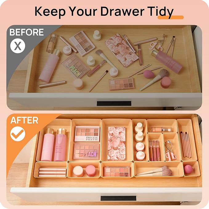 Vtopmart 25 PCS Plastic Drawer Organizers Set, 4-Size Versatile Bathroom and Vanity Drawer Organizer Trays, Storage Bins for Makeup, Bedroom, Kitchen Gadgets Utensils and Office-NeatNest