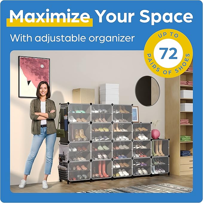 Shoe Organizer Cabinet Up to 72 Pairs, Shoe Closet-Covered Shoe Rack with See-Through Door (Clear, Plastic, Stackable) Cubby Portable Shoe Organizer with Covers, Hooks & Pockets, Black-NeatNest