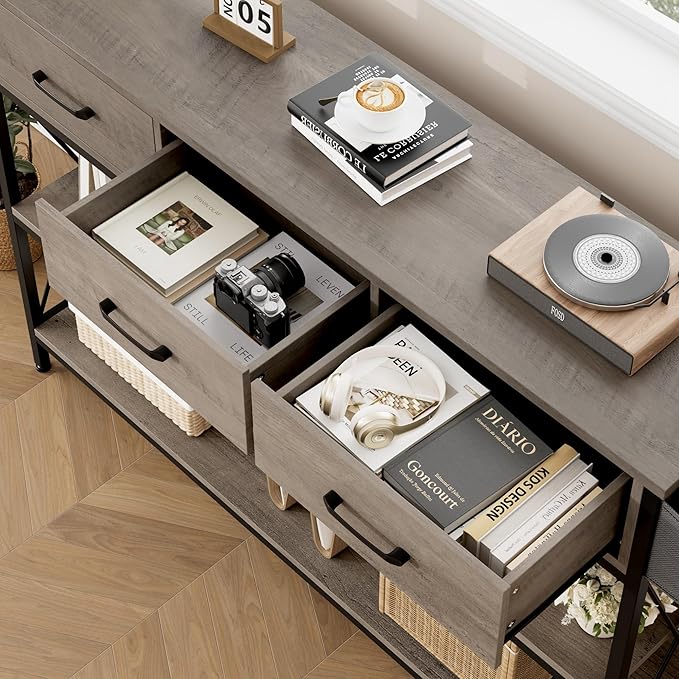HITHOS 47.2" Long Console Table with 3 Drawers and 3-Tier Storage Shelves, Industrial Sofa Table for Living Room Entry Way-NeatNest