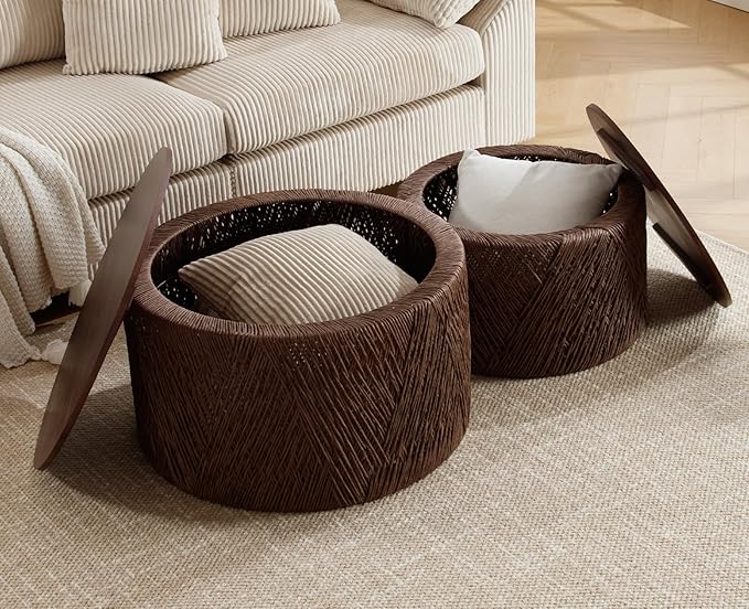 chairus Nesting Coffee Table Set of 2 Woven Round Coffee Table with Storage Solid Wood Side Table for Small Spaces, Living Room, Bedroom, Office, Dark Brown-NeatNest