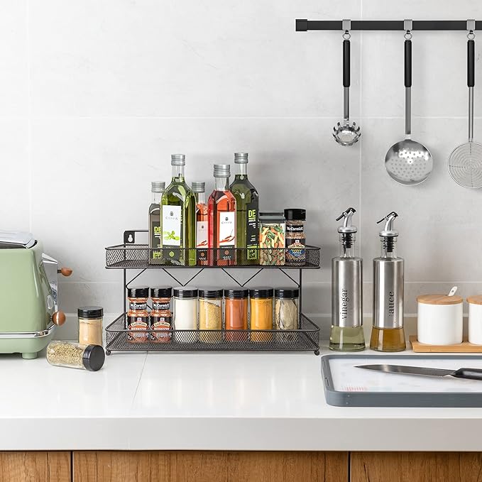 2 Tier Metal Kitchen Counter-top or Wall Mount Spice Rack, Jars Storage Organizer, Cabinet Holder, spice seasoning organizer for Partry (Bronze)-NeatNest