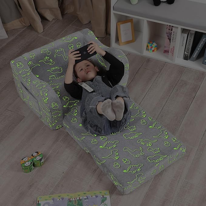 Dinosaur Glow in The Dark Toddler Couch, 2-in-1 Toddler Soft Couch Fold Out with Star Pillow, Convertible Sofa to Lounger for Girls and Boys, 1-Seat-NeatNest
