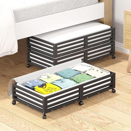 Bamboo Under Bed Storage Containers- Underbed Organizer with Wheels with Large Capacity Dust Bag,Sturdy Wood Rolling Under Bed Shoe Storage Organizer 2 Packs (Black, 2 Packs (33.07"×16.54"))-NeatNest