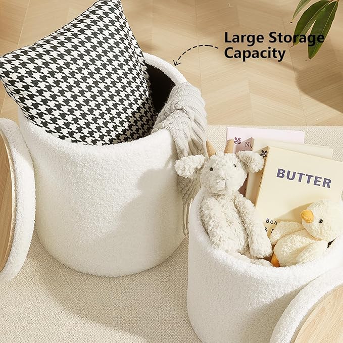 Boucle Round Ottoman with Storage Set of 2,Small Foot Stool Ottoman for Living Room, Small Coffee Table,Vanity Stool with Storage for Bedroom, White-NeatNest