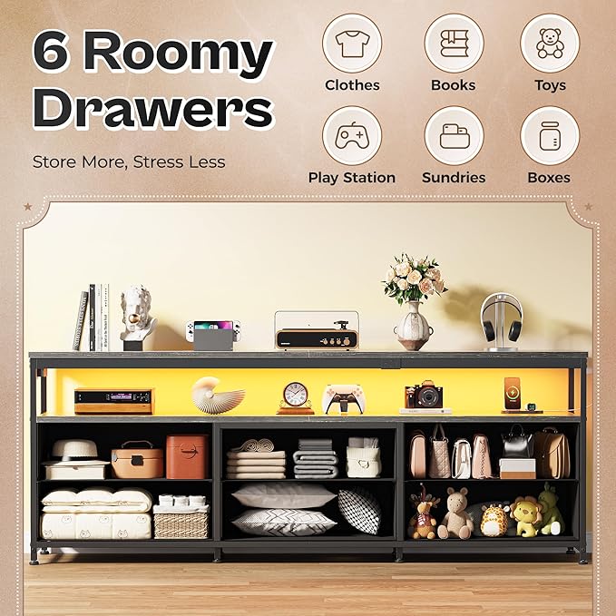 Huuger 63 Inch TV Stand for 55, 65, 70 Inch TV, Long Dresser TV Stand for Bedroom, Charcoal Black LED TV Stand with Power Outlets, Fabric Dresser with Storage, Entertainment Center for Living Room-NeatNest