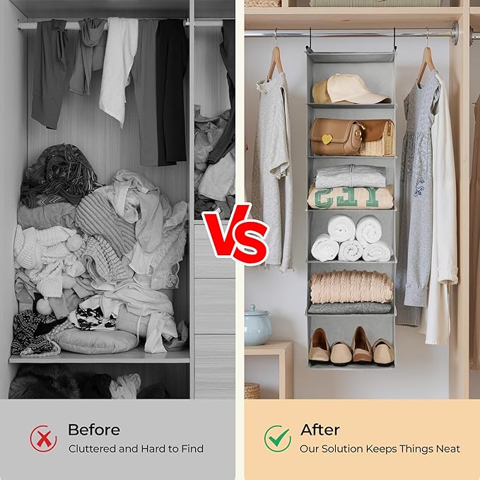 GRANNY SAYS 6 Shelf Hanging Closet Organizers and Storage, Collapsible Closet Hanging Organizer with 2 Sturdy Hooks, Large Hanging Shelves for Kids Baby Clothing Organizer, Ash Gray-NeatNest