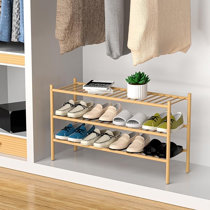 3-Tier Bamboo Long Shoe Rack, Free Standing Wood Shoe Shelf Storage Organizer for Closet Entryway Stackable 35"x11"x20" (Natural)-NeatNest