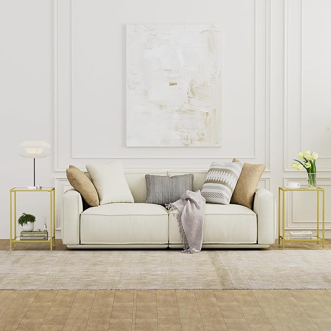 Side Tables Set of 2, End Table with Tempered Glass, 2-Tier Nightstands with Storage Shelves, Coffee Table with Modern Style, Square Sofa Table for Living Room, Bedroom, 15.7"D x 15.7"W, Golden