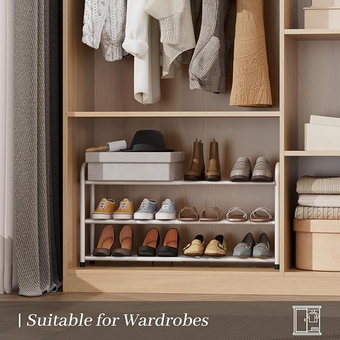 Expandable Shoe Rack, Adjustable Shoes Organizer Metal, Space-Saving Storage Shelf for Closet, Entryway, Front Door & Hallway,Sturdy and Easy Assembly (White, 3-Tier)