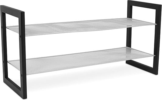 Internet's Best Mesh Shoe Rack - 2 Tier - Free Standing Metal Wood Shoe Organizer - Closet and Entryway - Fits 8 Pairs of Shoes - Black & Silver-NeatNest