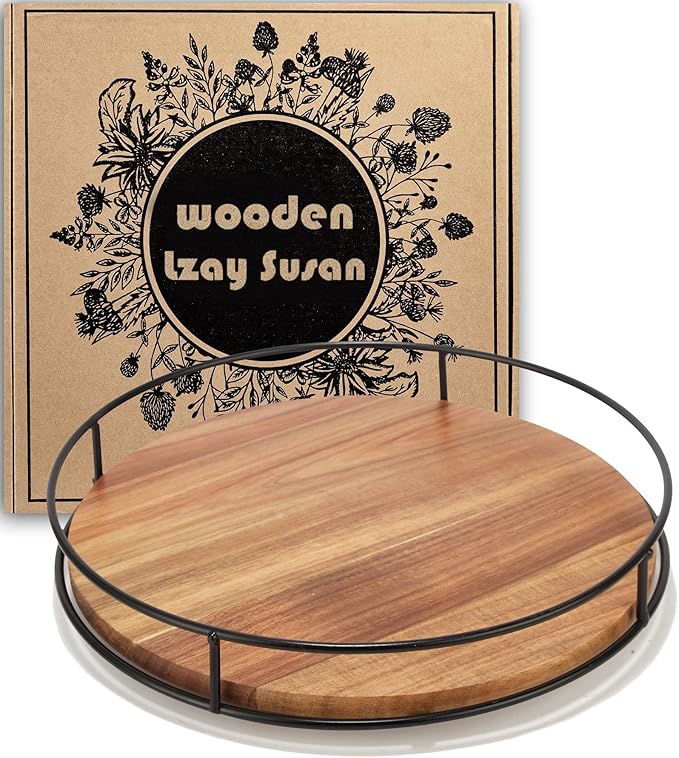 10" Acacia Wood Lazy Susan Turntable, Tomoaza Kitchen Organizer Turntable with Steel Sides, 360 Degree Lazy Susan for Countertop Cabinet or Dining Table (Black)