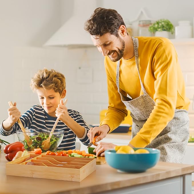 Bellsal Utensil Organizer 10 Inch Silverware Tray for Drawer Utensil Holder Cutlery Organizer Kitchen Drawer Organizer 5 Compartment Small Narrow Bamboo-NeatNest