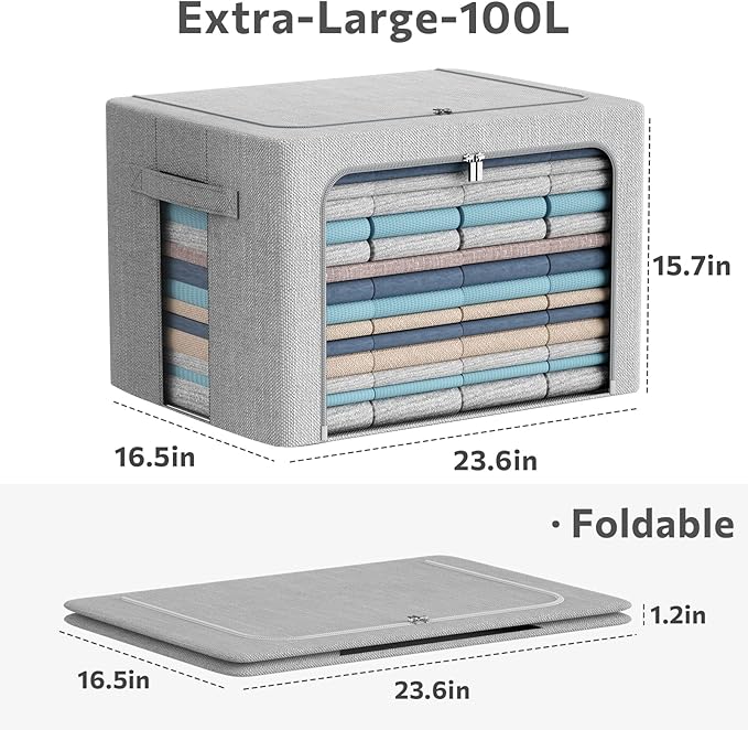 2Pack Extra Large Clothes Storage Bins Box - Linen Fabric Foldable Stackable Container Organizer Set with Clear Window & Carry Handles & Metal Frame (Light Grey, Extra Large-100L)-NeatNest