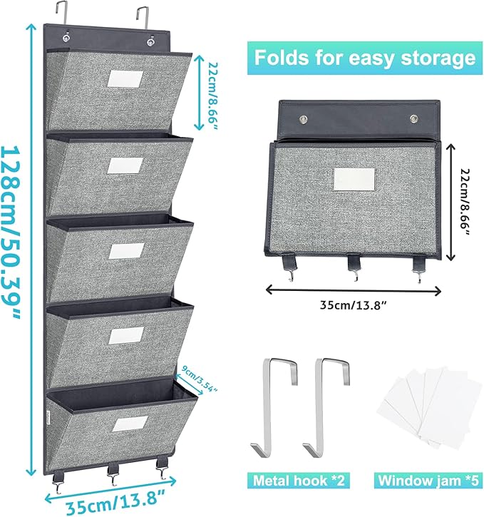 homyfort Over the Door Wall File Organizer, Hanging File Folders Organizer with 5 Large Pockets for Office and Back to School Supplies, Papers, Charts, Mails, Magazine Storage and Organization-NeatNest