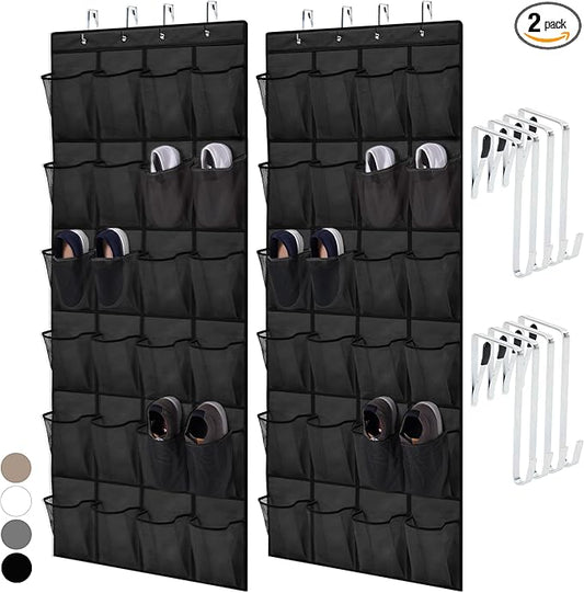HOME GENIE Over the Door Hanging Shoe Organizer, 2 Pack, 24 Breathable Mesh Pockets, Closet Rack Storage Holder Stay in Place Hooks Hang on Closets, Hanger Holds Up to 40 lbs, Shoes, Accessories Black-NeatNest
