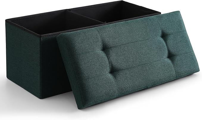 CUYOCA Storage Ottoman Bench Foldable Seat Footrest Shoe Bench End of Bed Storage with Flipping Lid, 75L Storage Space, 30 inches Linen Fabric Emerald, OT026DGN-NeatNest