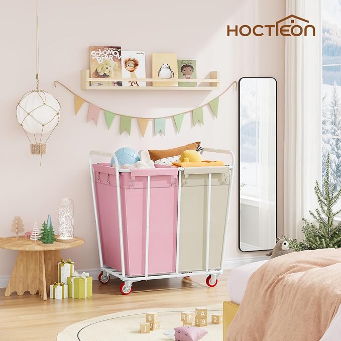 Hoctieon 2 Section Laundry Sorter Cart, 400L Rolling Hamper with Wheels, Industrial Laundry Basket Organizer, Extra Large Dirty Clothes Hamper for Home & Hotel, Heavy Duty, Pink+Beige-NeatNest