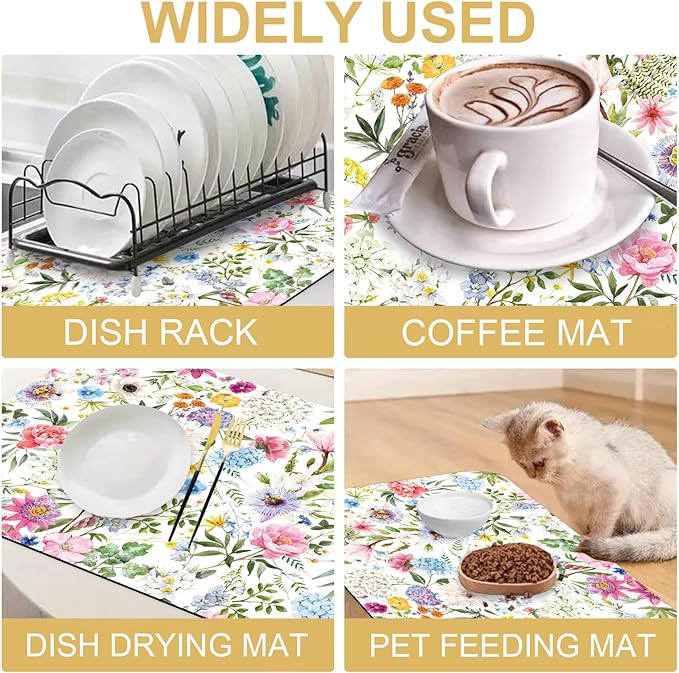 Colorful Flower Dish Drying Mats for Kitchen Counter Absorbent Fast Dry Dish Drainer Rack Mats for Dishes Utensils Pot and Pan, Kitchen Accessories 24"x16"-NeatNest