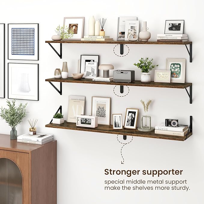 Fun Memories Deep Floating Shelves for Wall, 48W x 8D Wall Mounted Shelves Set of 2, Wide Display Ledge Shelf with Sturdy Metal Brackets for Living Room, Bathroom, Bedroom and Kitchen, Rustic Brown-NeatNest