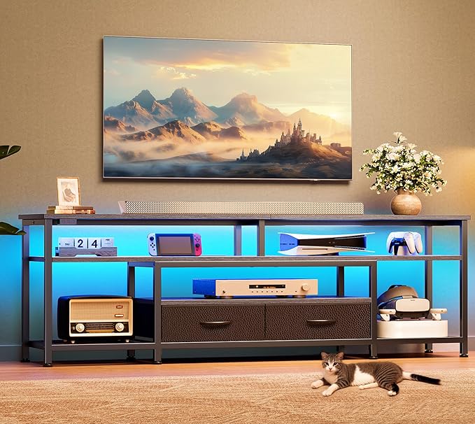 Huuger TV Stand for 65 70 Inch TV, Entertainment Center with Power Outlets and LED Lights, TV Console for Living Room, Media Console with Drawers and Shelves, Grey-NeatNest