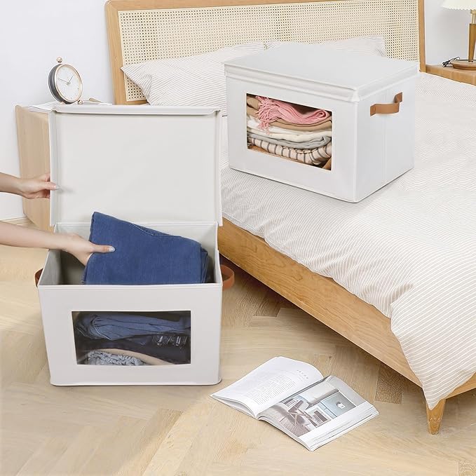 Univivi Storage Boxes with Lids Fabric Foldable Storage Bin for Clothes, [3-Pack] Closet Organizer Containers boxes with Handles for Home, Bedroom, Closet Storage (Beige,17” x 12” x 12")-NeatNest