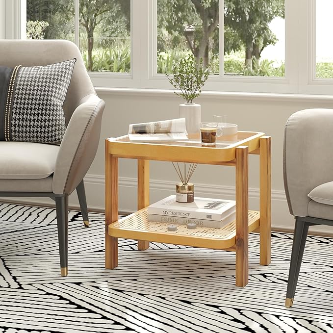 GOFLAME Rattan End Table, Boho Nightstand with Tempered Glass Top, Rattan Storage Shelf, Solid Wood Legs, Sofa Side Accent Table, 2 Tier Glass Side Table for Living Room, Bedroom, Natural