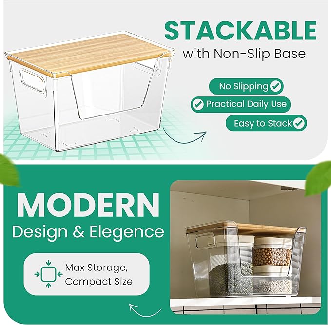 2 Pack Extra Large Trash Bag Holder Dispenser with Bamboo Lid – Stackable Design & Easy-Dispense Slot with Side Handles, Garbage Bag Dispenser for Pantry and Under-Sink Storage (11.4 × 7.1 × 7.1 in)