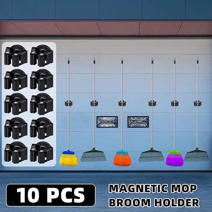 10 Pcs Magnetic Mop Broom Holder Movable Magnetic Broom Holder Rack, Anti Slip Wall Mounted Utility for Cleaning Tools, Garage, Kitchen, Laundry, Garden (Black)