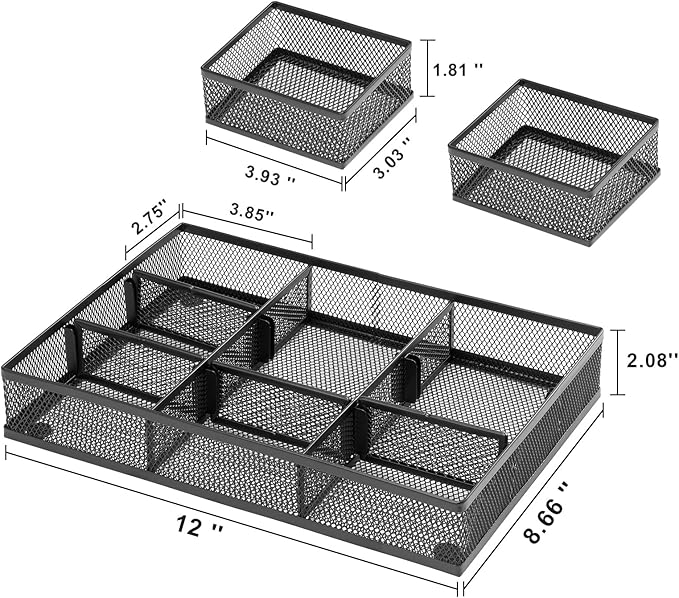 Marbrasse 3 Packs Desk Drawer Organizers, Metal Mesh Dividers Desk Drawer Organizer Tray with 9 Adjustable Compartments, Pen Organizer for Drawer Tray Box Accessories for Desktop,Kitchen, Makeup-NeatNest