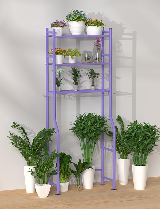 3-Tier Over The Toilet Storage, Freestanding Metal Bathroom Shelves with 4 Hooks, Over Toilet Storage Shelf with Paper Holder, Above The Toilet Shelf for Bathroom Storage, Purple-NeatNest