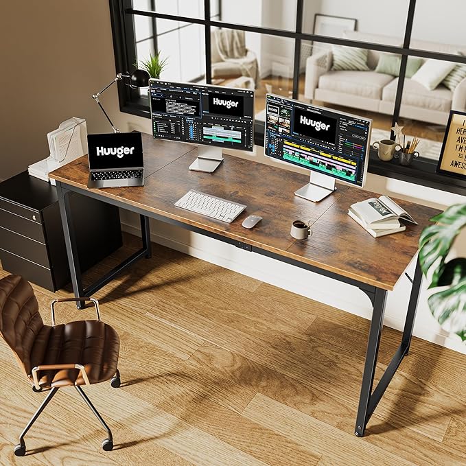 Huuger Computer Desk, 63 Inch Office Desk, Gaming Desk with Storage, Writing Desk Work Desk for Home Office, Study, Modern Simple Desk, Large Legroom, Metal Frame, Rustic Brown-NeatNest