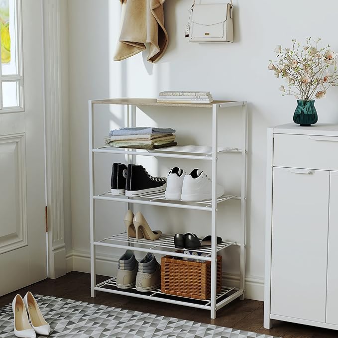 Yusong Shoe Rack Organizer, 5 Tier Industrial Shoe Storage Shelf, Narrow Sturdy Metal Shoe Shelves for Closet Entryway, White-NeatNest