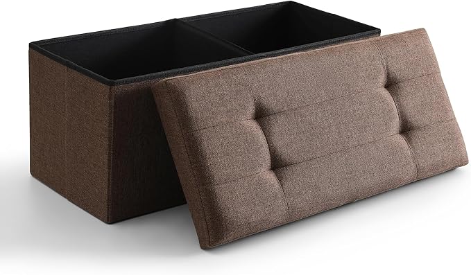 CUYOCA Storage Ottoman Bench Foldable Seat Footrest Shoe Bench End of Bed Storage with Flipping Lid, 75L Storage Space, 30 inches Linen Fabric Brown-NeatNest
