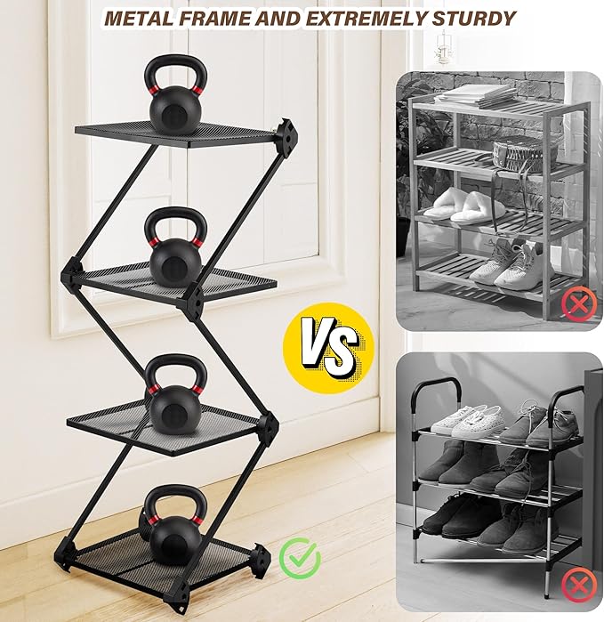 Vertical Shoe Rack 4 Tier Small Shoe Rack Shelf for Entryway Tall Narrow Shoe Organizer Metal Shoe Storage for Closet,Front Door Entrance, Living Room, Black-NeatNest