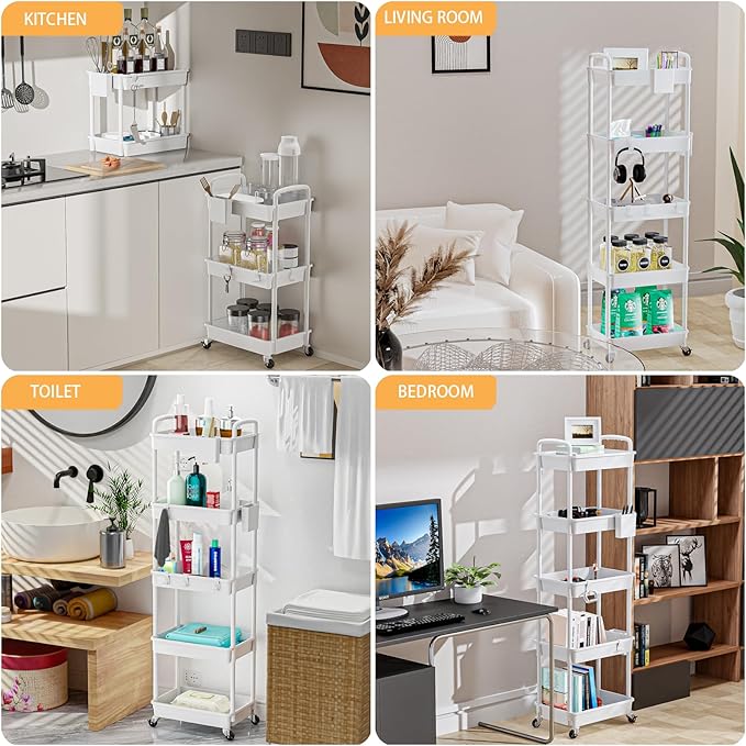5 Tier Rolling Utility Cart with Handle,REBECAT Utility Cart Made of Multifunctional Storage Organizer Tool for Kitchen,Bathroom,Living Room,Office(White)-NeatNest