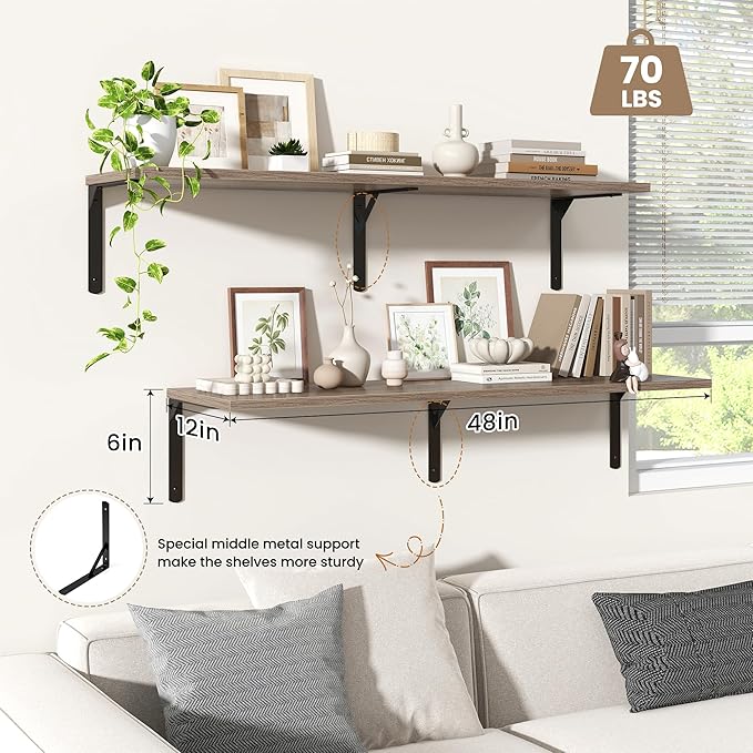 Fun Memories Floating Shelves for Wall, 12 Inch Deep Floating Shelves Set of 2, Wall Mounted Shelf with Metal Brackets, Rustic Wood Wide Shelf for Bathroom, Kitchen and Living Room, Grey, 48W x 12D-NeatNest